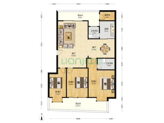 鑫元中公寓 3室2厅2卫 146平方