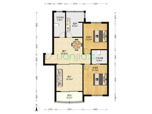 卫春三街坊 2室2厅2卫 98平方