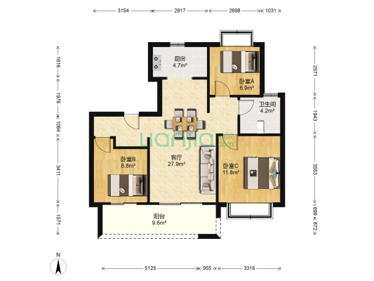 湖畔堤 3室1厅1卫 96平方