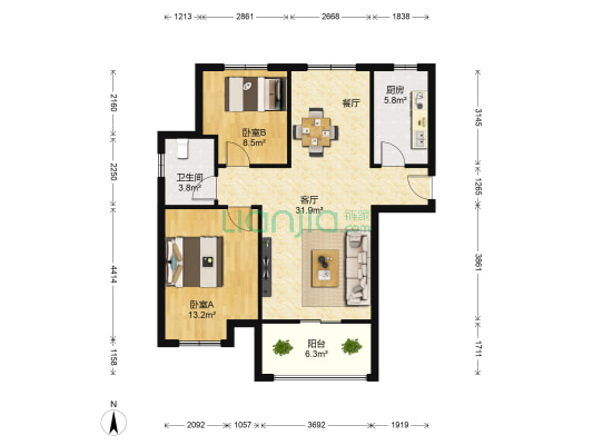 绿地国际花都 2室1厅1卫 92平方
