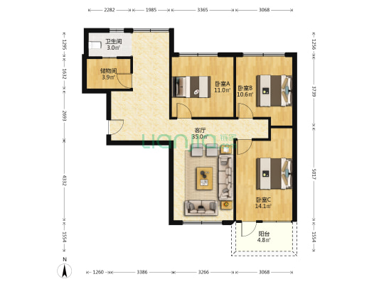 沿江路 3室1厅1卫 97平方