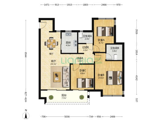 中奥滨河境 3室1厅2卫 109平方