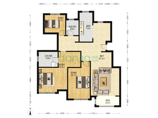 出售香邑溪谷玫瑰园洋房  四居双卫  毛坯 采光 视野好-户型图