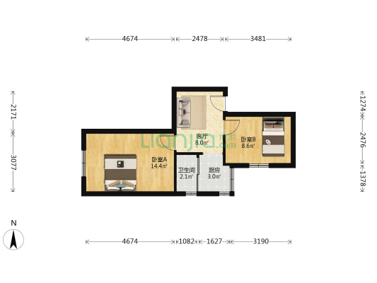 涵三宫57号 2室1厅1卫 45平方