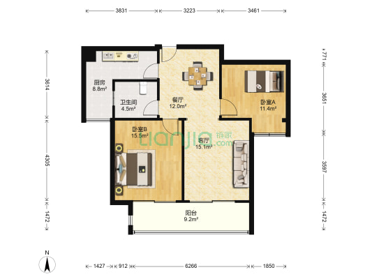 东方丽晶园 2室2厅1卫 90平方