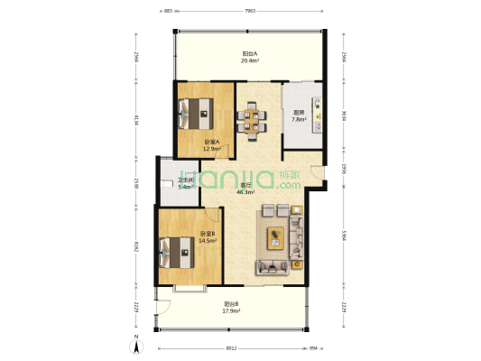 海青公寓 2室1厅1卫 128平方