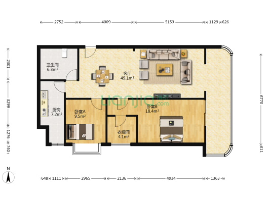 中廣•金色家园 2室1厅1卫 126平方