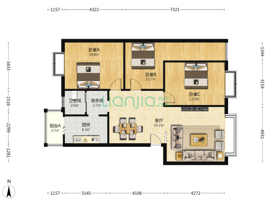 中码头小区 3室1厅2卫 115平方
