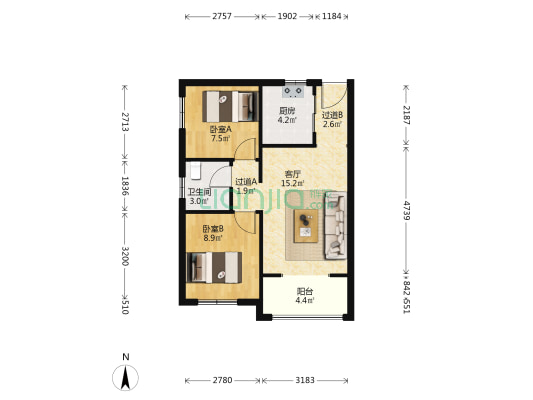 君康家园 2室1厅1卫 66平方