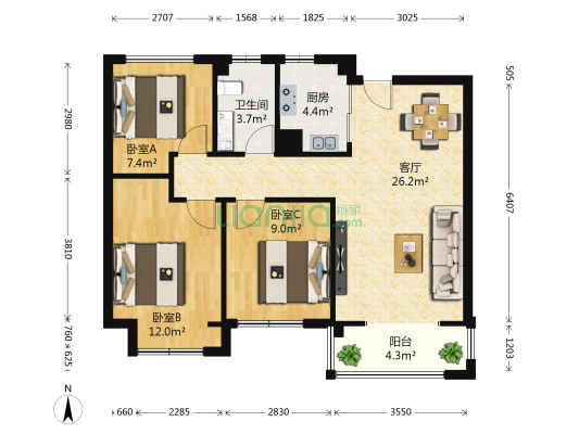 东润玺城2期 3室1厅1卫 88平方