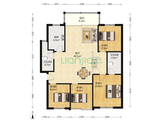 金色年华 4室1厅2卫 134平方