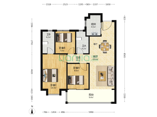 映东华府 3室1厅2卫 104平方