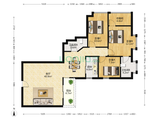 虎门金色阳光 3室1厅2卫 116平方