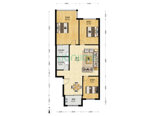 福田小区 3室1厅2卫 117平方
