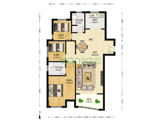 沛县雨润城 3室1厅2卫 126平方