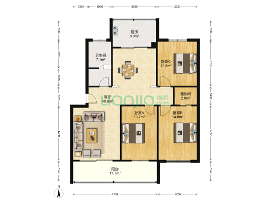 北海花园B区 3室1厅1卫 137平方