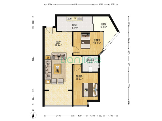 绿岛国际 2室1厅1卫 73平方