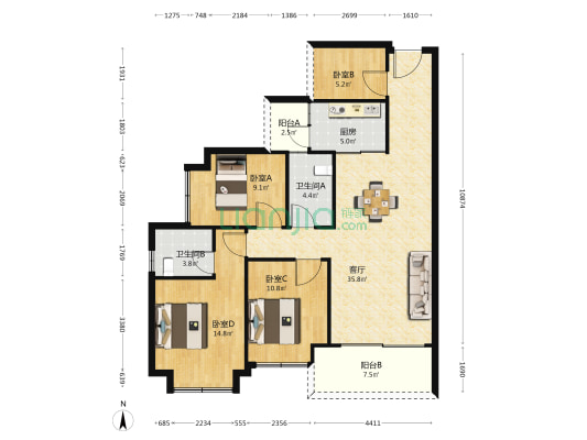 中欣楚天御府锦上 4室1厅2卫 120平方
