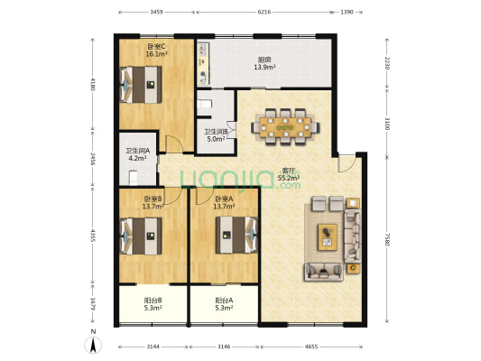 包家巷80号 3室1厅2卫 136平方
