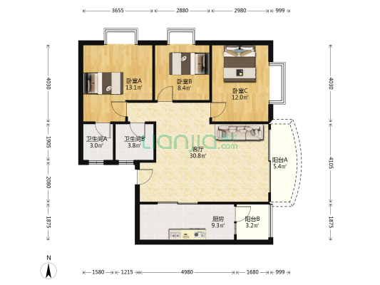 彩苑 3室1厅2卫 107平方