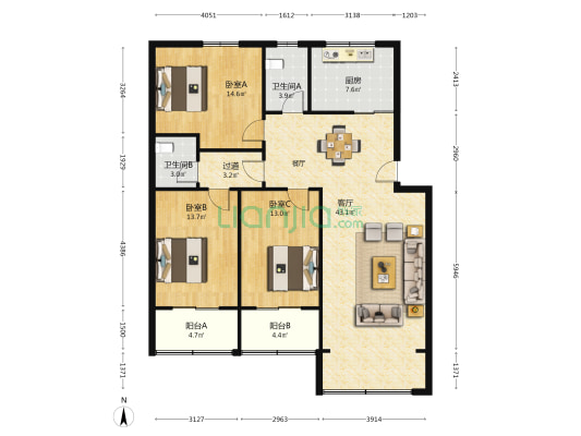 雅塘新居 3室1厅2卫 131平方