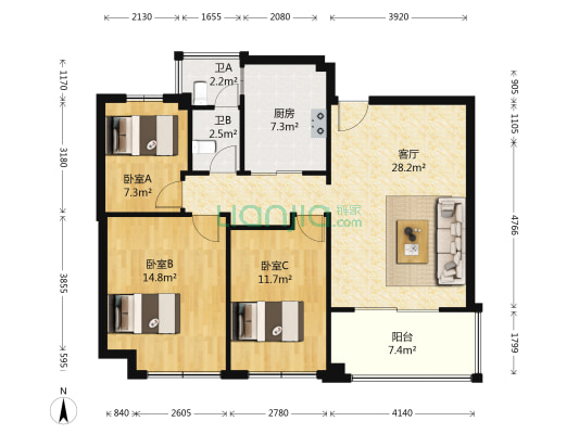 印象巴黎 3室1厅2卫 100平方