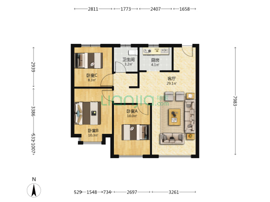 富禹东域 3室1厅1卫 88平方