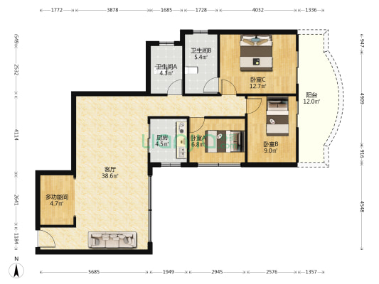 凤城大厦 4室1厅2卫 120平方