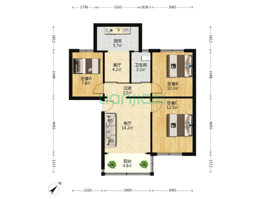 昆明探矿厂住宅区B区 3室2厅1卫 66平方
