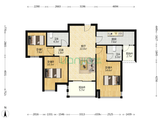 龙湖公园时光 3室1厅2卫 99平方