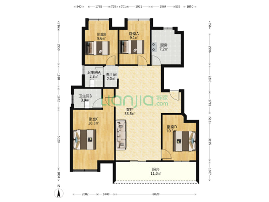 南岛太白湖畔B区 4室1厅3卫 58平方