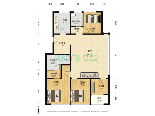 绿城锦棠 4室1厅2卫 143平方
