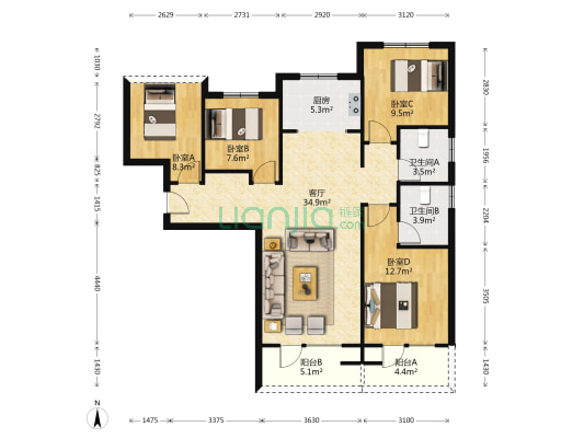 孔雀城7.3期悦园 4室1厅2卫 115平方