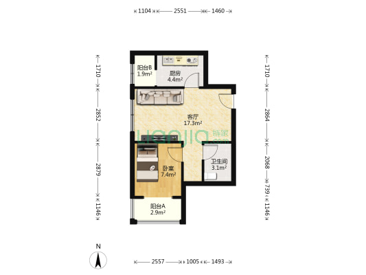 鸿坤理想城七期 1室1厅1卫 48平方