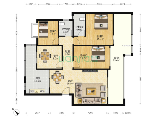 龙山观邸 3室2厅2卫 150平方