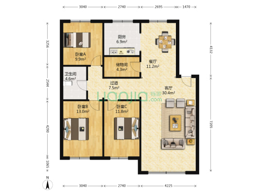 绿波华园 3室2厅1卫 129平方
