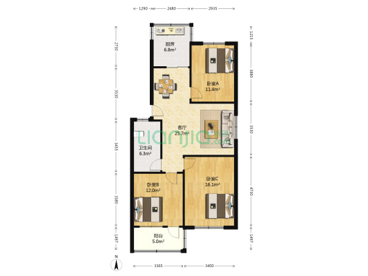 升平小区 3室1厅1卫 92平方
