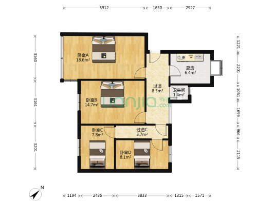 中源宿舍 4室0厅1卫 82平方