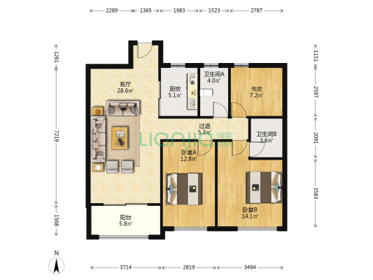 时代名园 3室1厅2卫 109平方