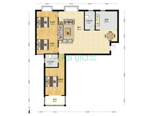 芙蓉环卫公寓 3室1厅2卫 131平方