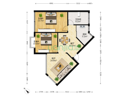 丹霞苑 2室2厅1卫 80平方