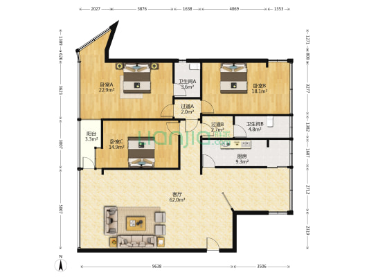 新联世纪华庭 3室1厅2卫 151平方