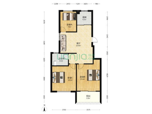 香榭名墅景苑 3室1厅1卫 93平方