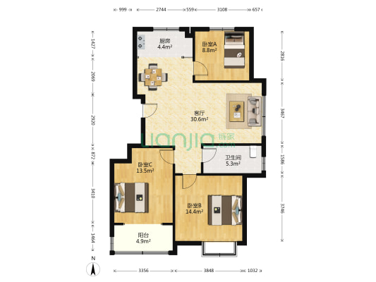 郦水嘉苑 3室1厅1卫 107平方