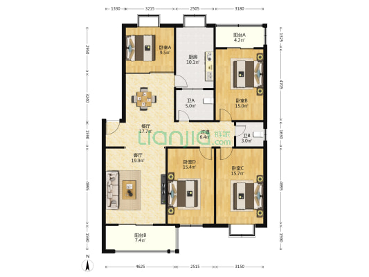 新石中路195号 4室2厅2卫 150平方