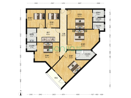 江北26号小区 6室1厅4卫 161平方