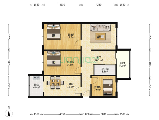 头道桥小区 3室2厅1卫 102平方