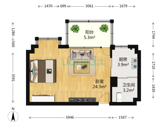东方公寓 1室0厅1卫 51平方