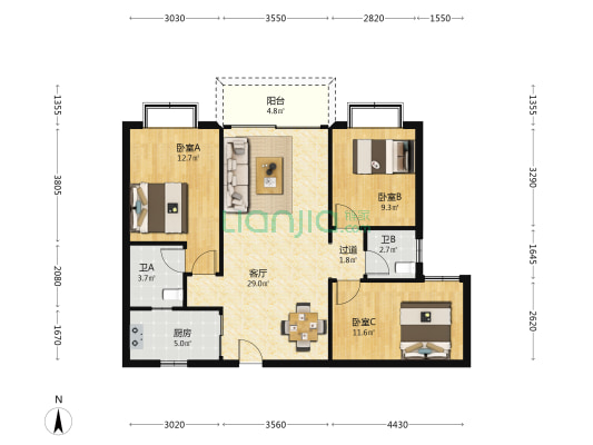 明智海宝大厦 3室1厅2卫 104平方