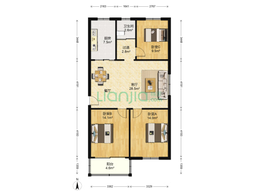 汇泽水苑 3室1厅1卫 107平方